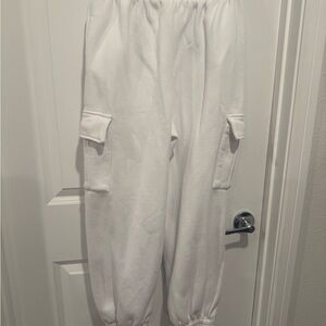 Women's White Cargo Sweatpants - Casual Elastic Waist